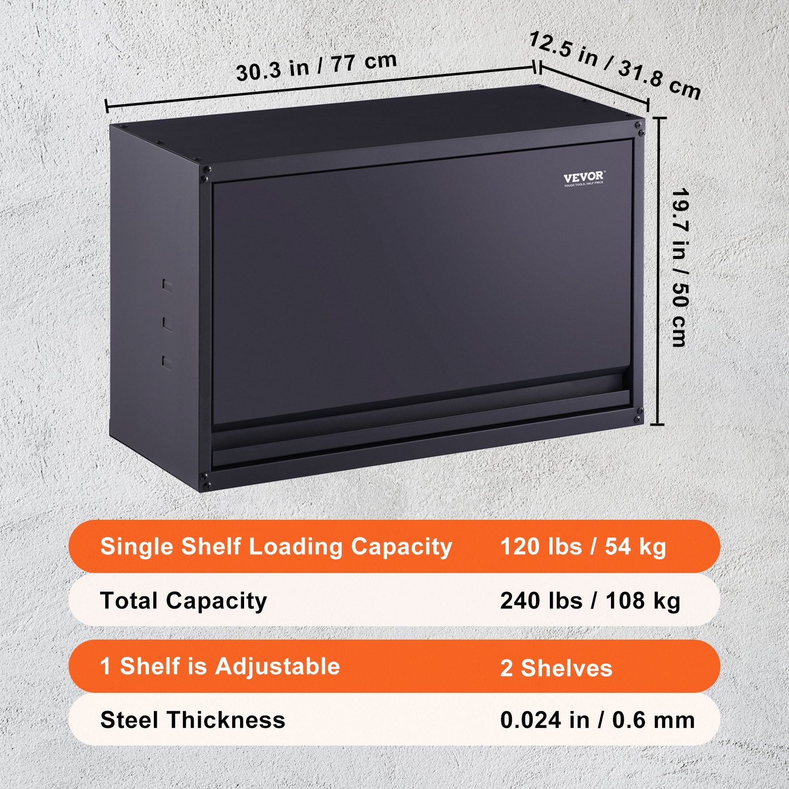 VEVOR Metal Storage Cabinet, 54.4 kg Load Capacity per Shelf, 50.8 cm Tall Wall-Mounted Powder-Coating Steel Garage Cabinet with Adjustable Shelf, Press to Lock & Open Door, Perfect for Office Home Garage