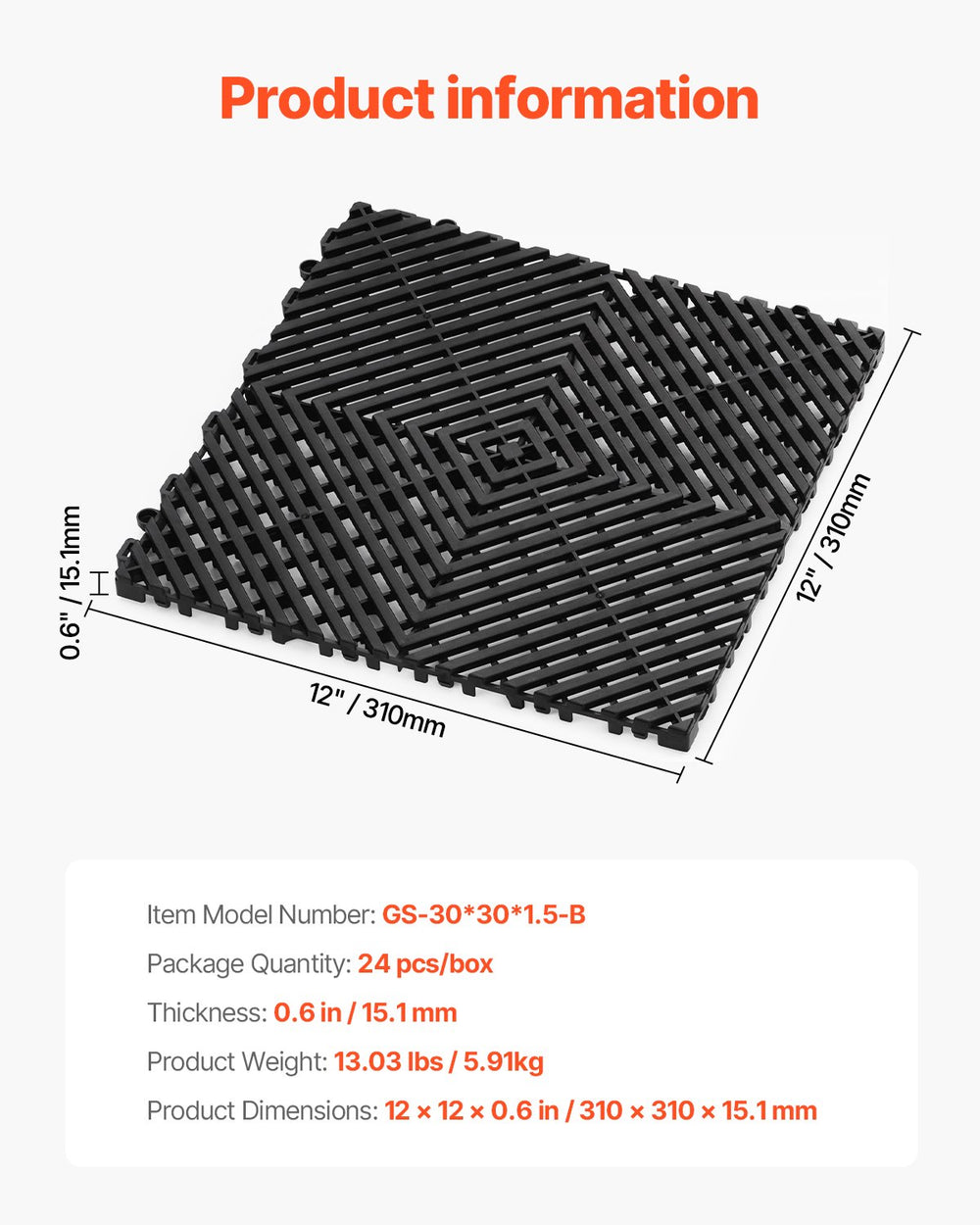 VEVOR Interlocking Drainage Mat, 12” x 12” Modular Interlocking Cushion, 24 Pcs Splicing Drainage Mats, Non-Slip Black PP Drainage Floor Tile and Shower Mat, for Garage, Garden, Kitchen & Outdoor