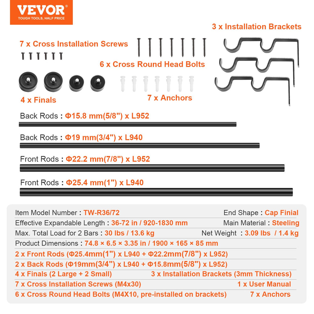 VEVOR Double Rod Curtain Rods, 36-72 inches(3-6ft) Adjustable Length, Black Double Curtain Rods with Cap Finials, 1" and 3/4" Diameter, Double Window Drapery Rod for Sheer and Blackout Curtains
