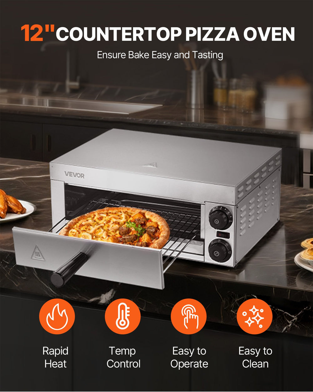 VEVOR Electric Pizza Oven for Countertops, 12-inch, 1500W, with Temp Control & 0-60 Min Timer, Even Baking Technology & Easy Clean Crumb Tray, Ideal for Both Commercial & Home Kitchens