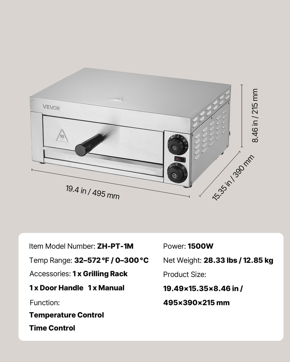 VEVOR Electric Pizza Oven for Countertops, 12-inch, 1500W, with Temp Control & 0-60 Min Timer, Even Baking Technology & Easy Clean Crumb Tray, Ideal for Both Commercial & Home Kitchens