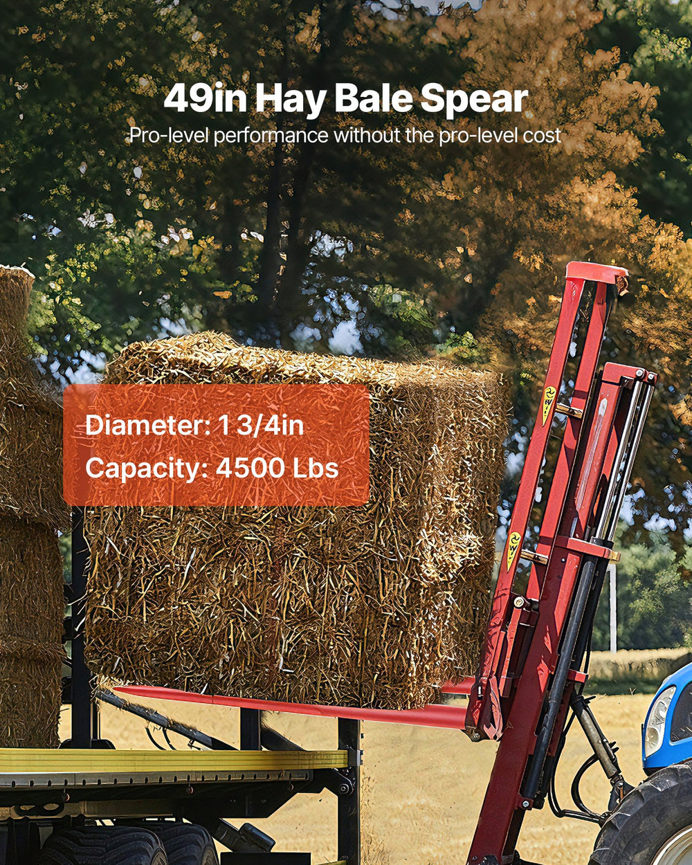 VEVOR Hay Spear 49" Bale Spear 4500 lbs Capacity, Bale Spike Quick Attach Square Hay Bale Spears 1 3/4" wide, Red Coated Bale Forks, Bale Hay Spike with Hex Nut & Sleeve for Buckets Tractors Loaders