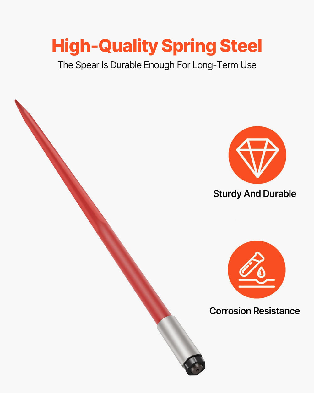 VEVOR Hay Spear 49" Bale Spear 4500 lbs Capacity, Bale Spike Quick Attach Square Hay Bale Spears 1 3/4" wide, Red Coated Bale Forks, Bale Hay Spike with Hex Nut & Sleeve for Buckets Tractors Loaders