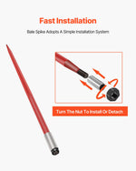 VEVOR Hay Spear 49" Bale Spear 4500 lbs Capacity, Bale Spike Quick Attach Square Hay Bale Spears 1 3/4" wide, Red Coated Bale Forks, Bale Hay Spike with Hex Nut & Sleeve for Buckets Tractors Loaders
