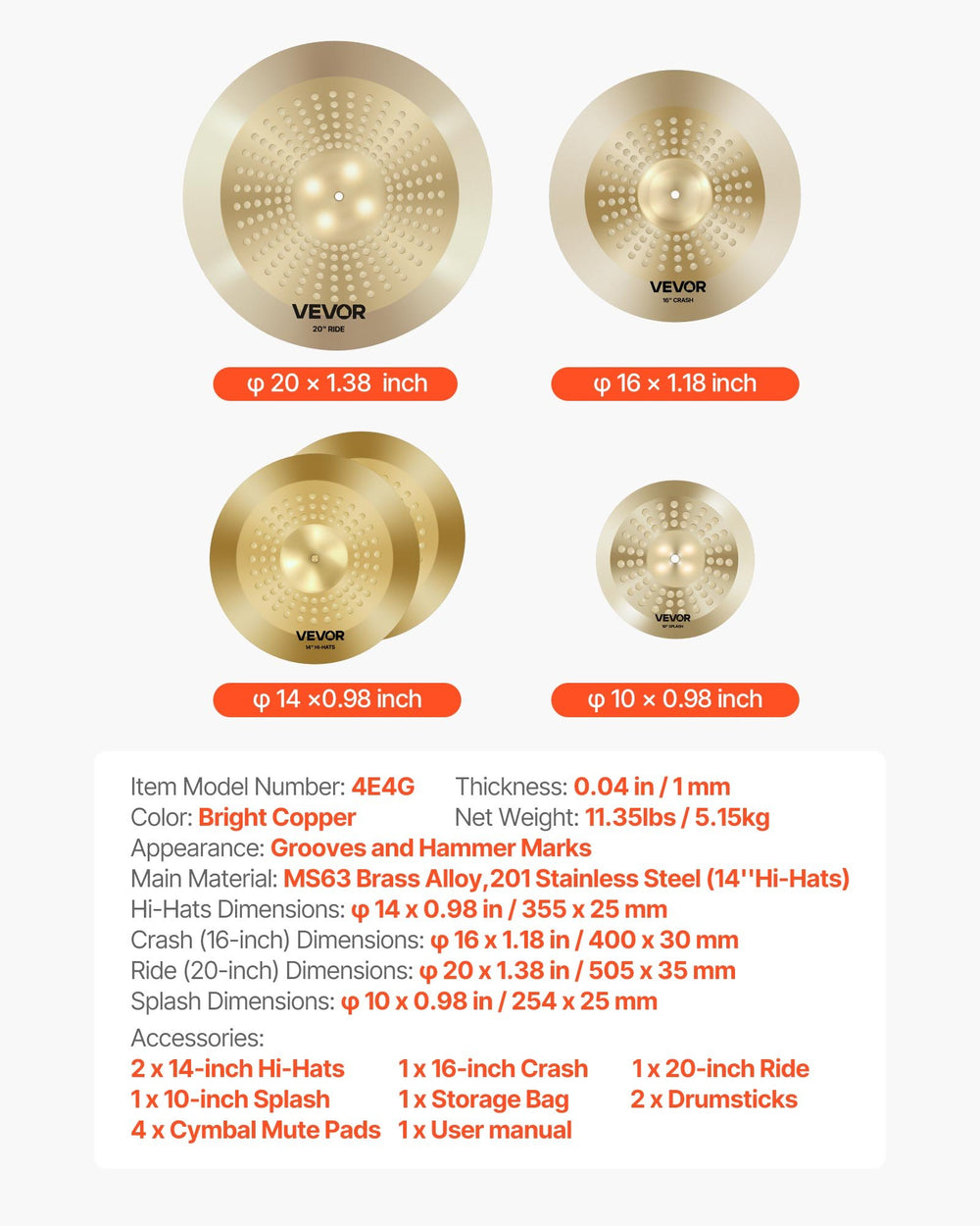 VEVOR Cymbal Pack 4 Pieces Cymbals Drum Set 355/400/505/254 mm(10 14 16 20 Inches) Cymbals for Drum