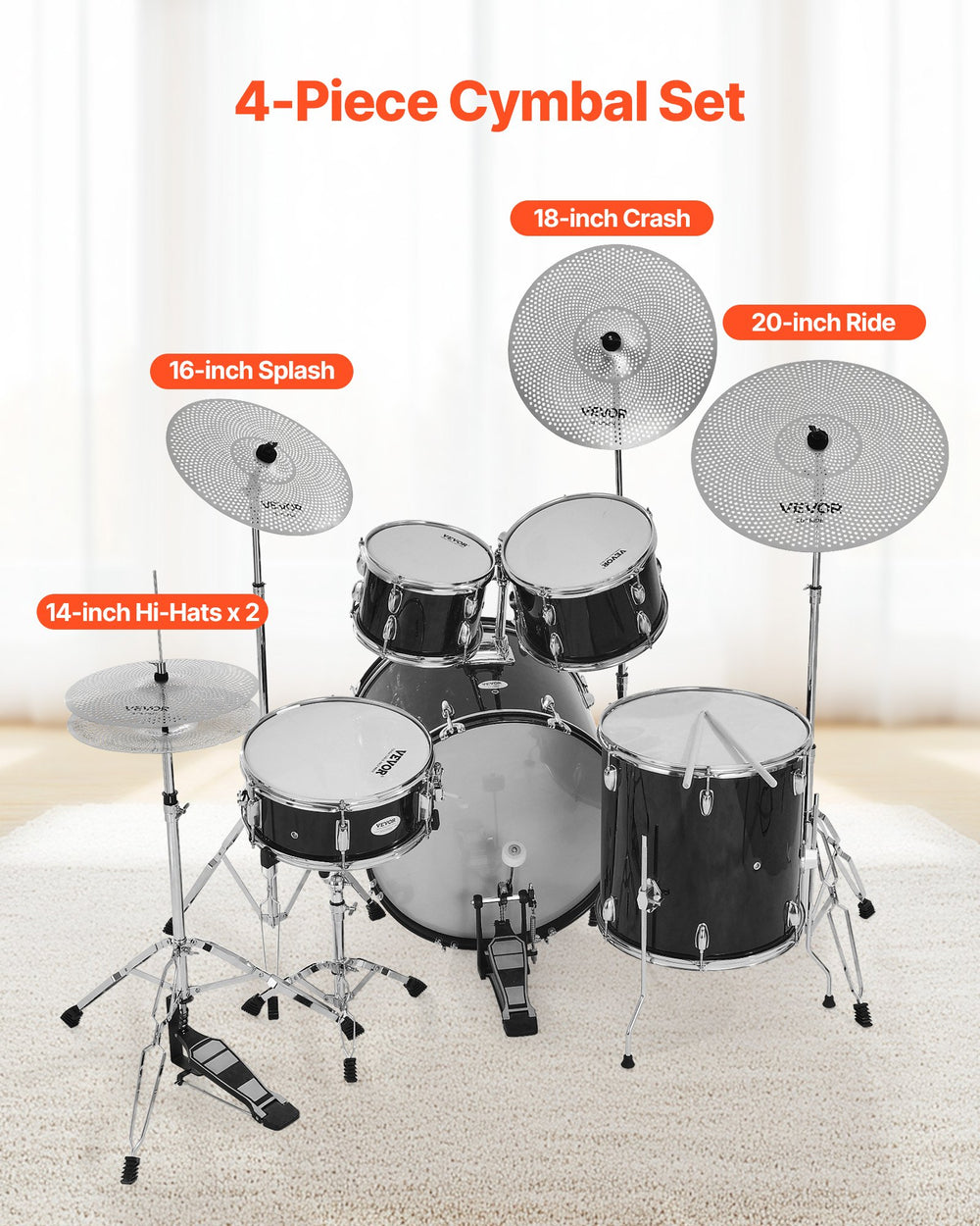 VEVOR Low Volume Cymbal Pack 4 Pieces 350/400/455/505 mm (14/16/18/20 Inches) Alloy Cymbals for Drum