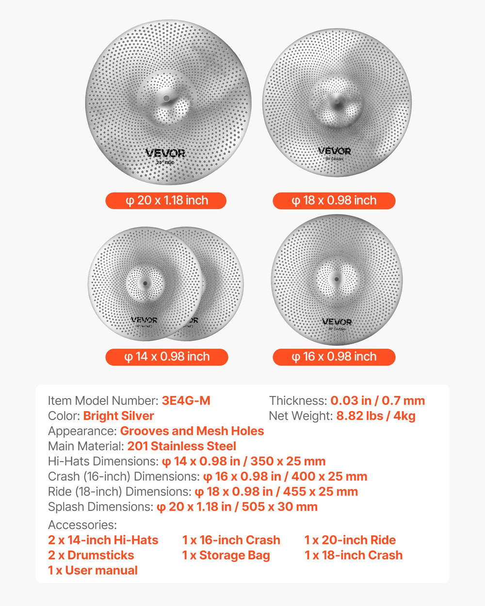 VEVOR Low Volume Cymbal Pack 4 Pieces 350/400/455/505 mm (14/16/18/20 Inches) Alloy Cymbals for Drum