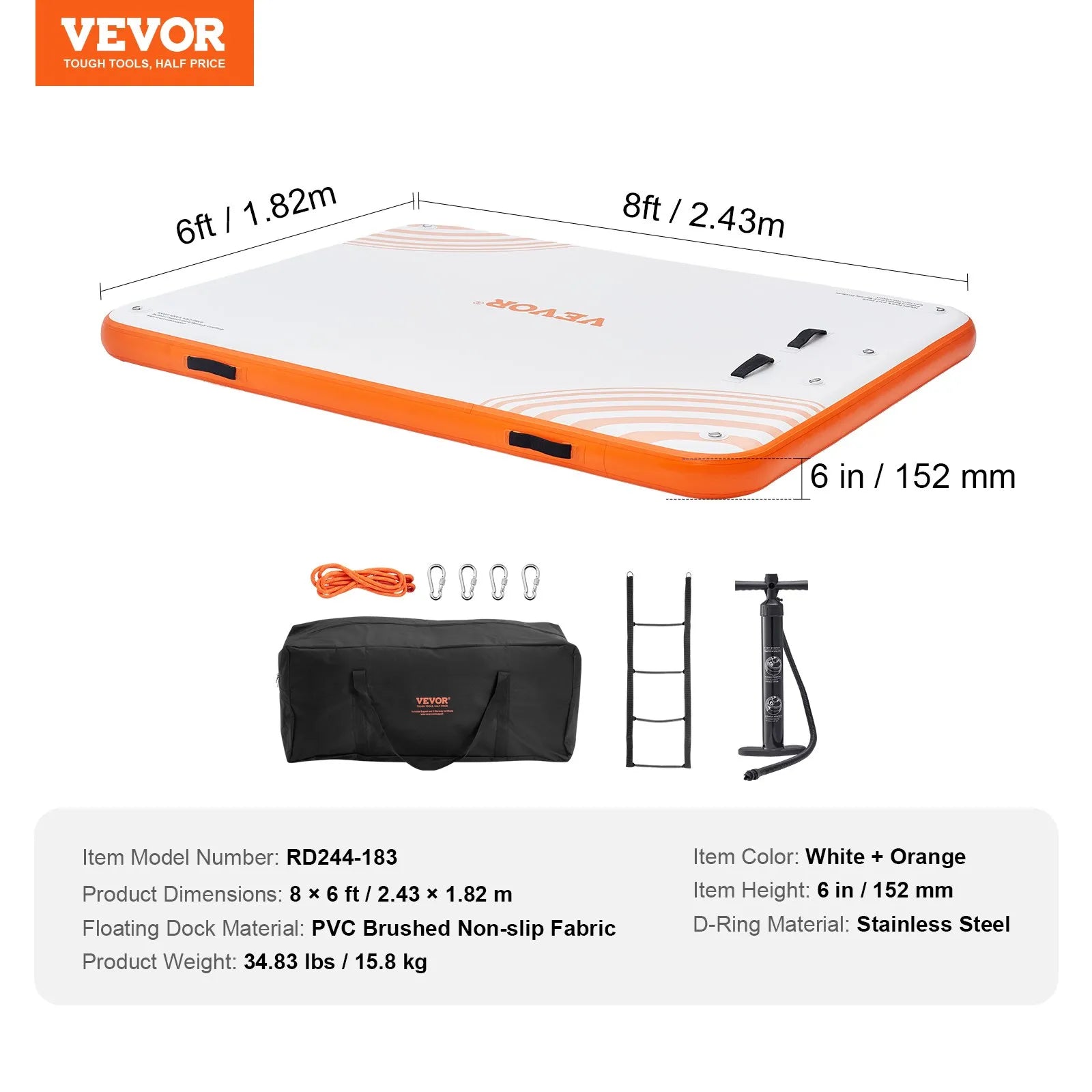 VEVOR Inflatable Floating Dock, 8 x 6FT Inflatable Dock Platform, Non-Slip Water Floating Dock Mat with Portable Carrying Bag & Detachable Ladder, Floating Platform Island Raft for Pool Beach Ocean