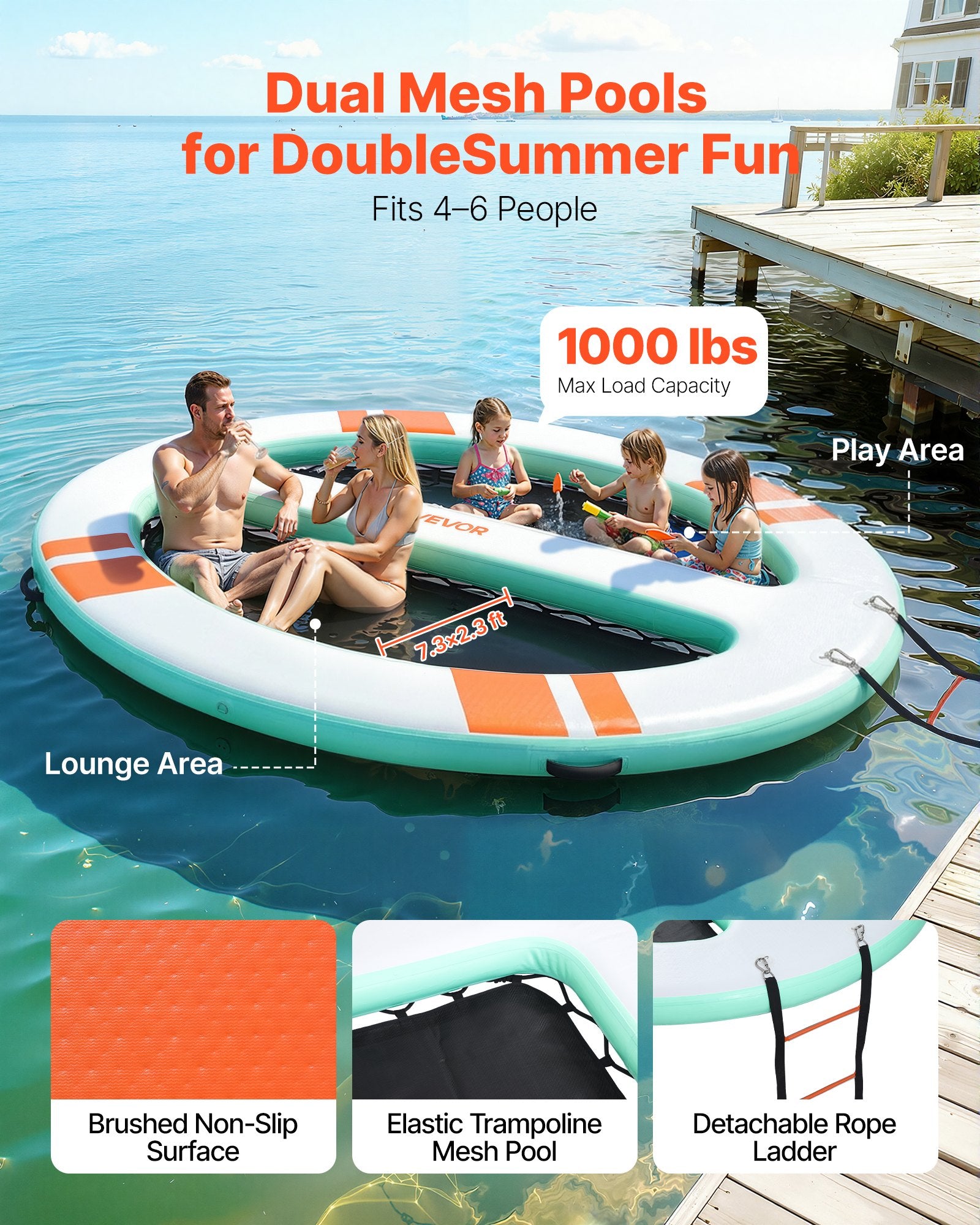 VEVOR Inflatable Floating Dock, 3.05x2.44 M Round Inflatable Dock Platform, Non-Slip Water Air Mat with Portable Carrying Bag & Detachable Ladder, Float Water Platform Island Raft for Pool Beach Ocean