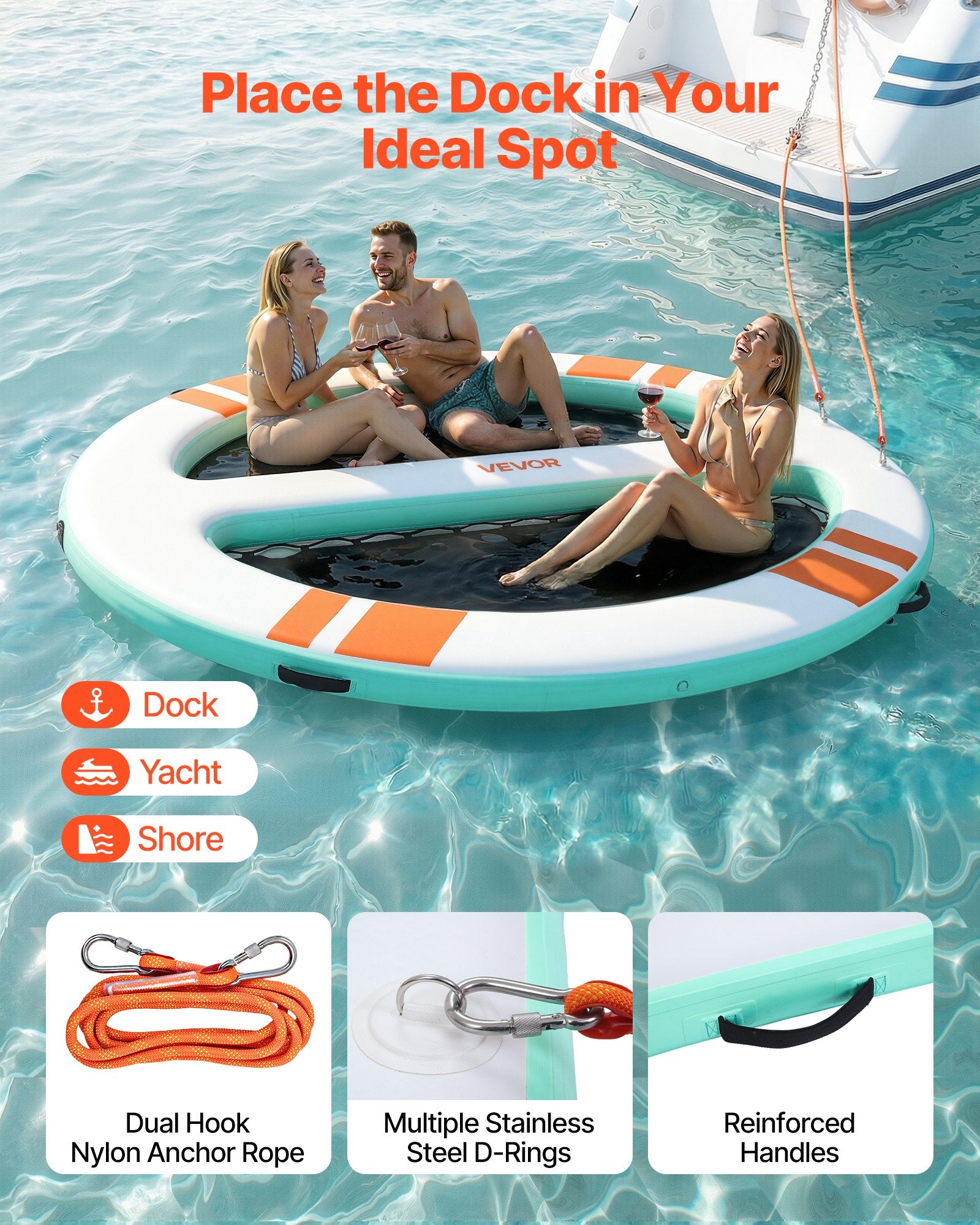 VEVOR Inflatable Floating Dock, 3.05x2.44 M Round Inflatable Dock Platform, Non-Slip Water Air Mat with Portable Carrying Bag & Detachable Ladder, Float Water Platform Island Raft for Pool Beach Ocean