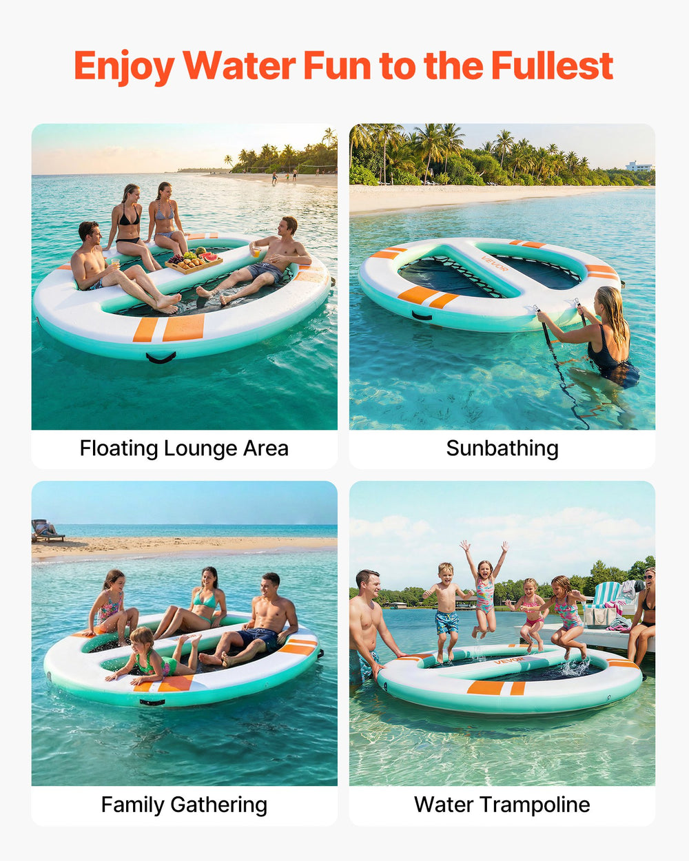 VEVOR Inflatable Floating Dock, 3.05x2.44 M Round Inflatable Dock Platform, Non-Slip Water Air Mat with Portable Carrying Bag & Detachable Ladder, Float Water Platform Island Raft for Pool Beach Ocean