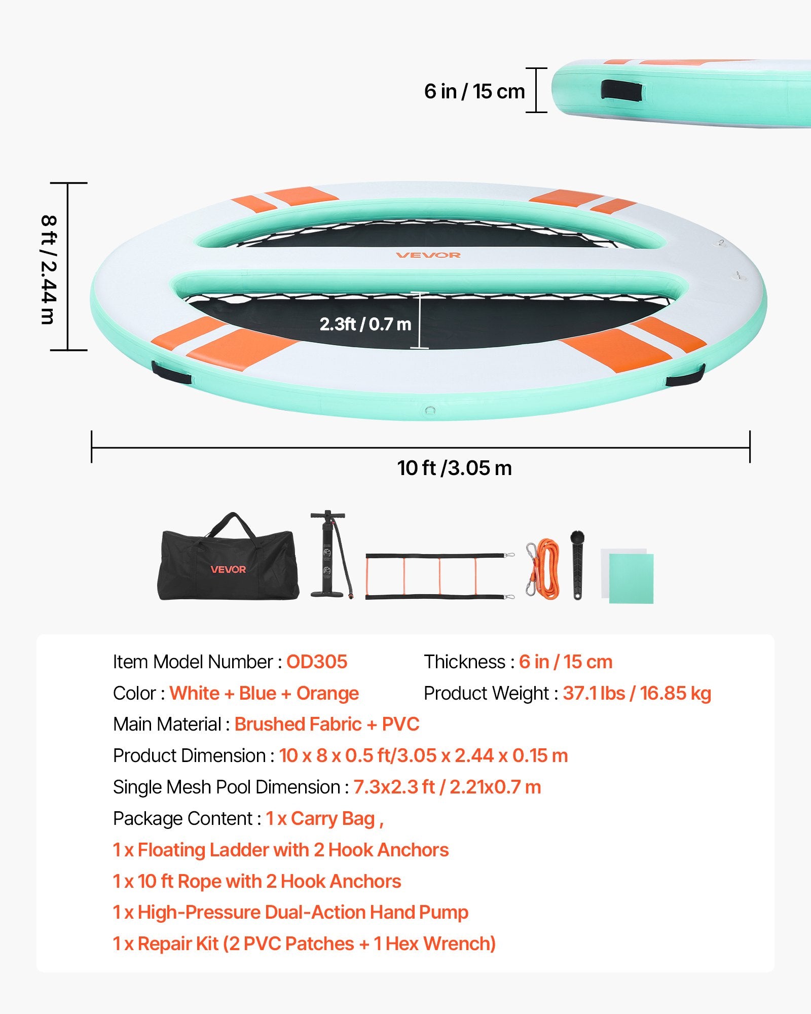 VEVOR Inflatable Floating Dock, 3.05x2.44 M Round Inflatable Dock Platform, Non-Slip Water Air Mat with Portable Carrying Bag & Detachable Ladder, Float Water Platform Island Raft for Pool Beach Ocean
