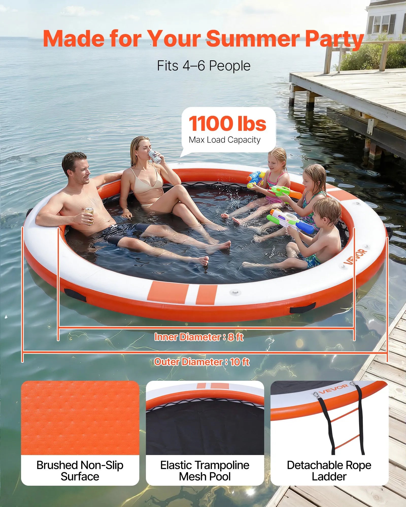 VEVOR Inflatable Floating Dock, 3.05M Inflatable Dock Platform, Non-Slip Water Air Mat with Portable Carrying Bag & Detachable Ladder, Floating Water Platform Island Raft for Pool Beach Ocean, Orange