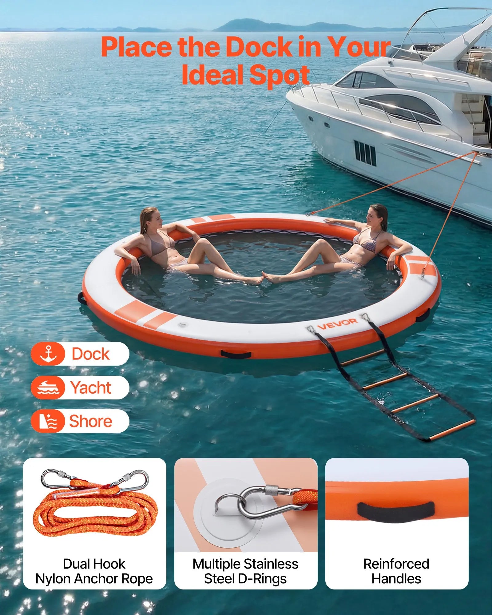 VEVOR Inflatable Floating Dock, 3.05M Inflatable Dock Platform, Non-Slip Water Air Mat with Portable Carrying Bag & Detachable Ladder, Floating Water Platform Island Raft for Pool Beach Ocean, Orange