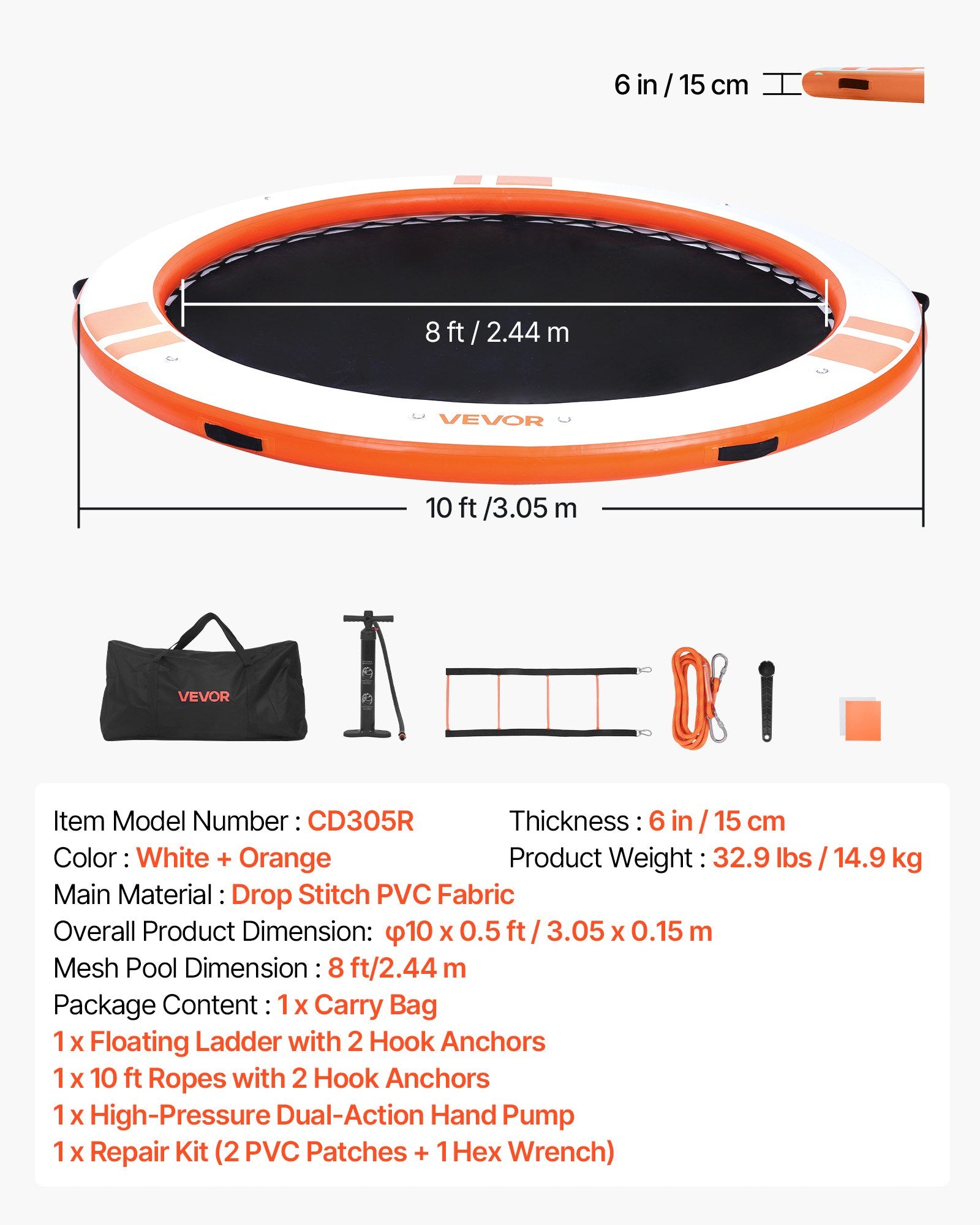 VEVOR Inflatable Floating Dock, 3.05M Inflatable Dock Platform, Non-Slip Water Air Mat with Portable Carrying Bag & Detachable Ladder, Floating Water Platform Island Raft for Pool Beach Ocean, Orange