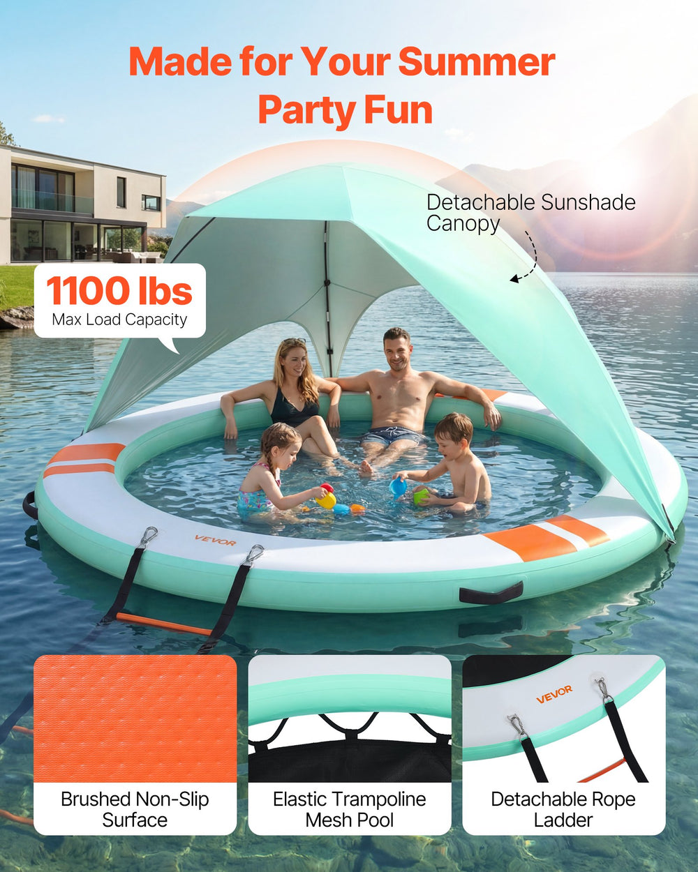 VEVOR Inflatable Floating Dock, 3.05 M Round Inflatable Dock Platform, Non-Slip Water Floating Dock Mat with Portable Carrying Bag & Detachable Ladder, Float Platform Island Raft for Pool Beach Ocean