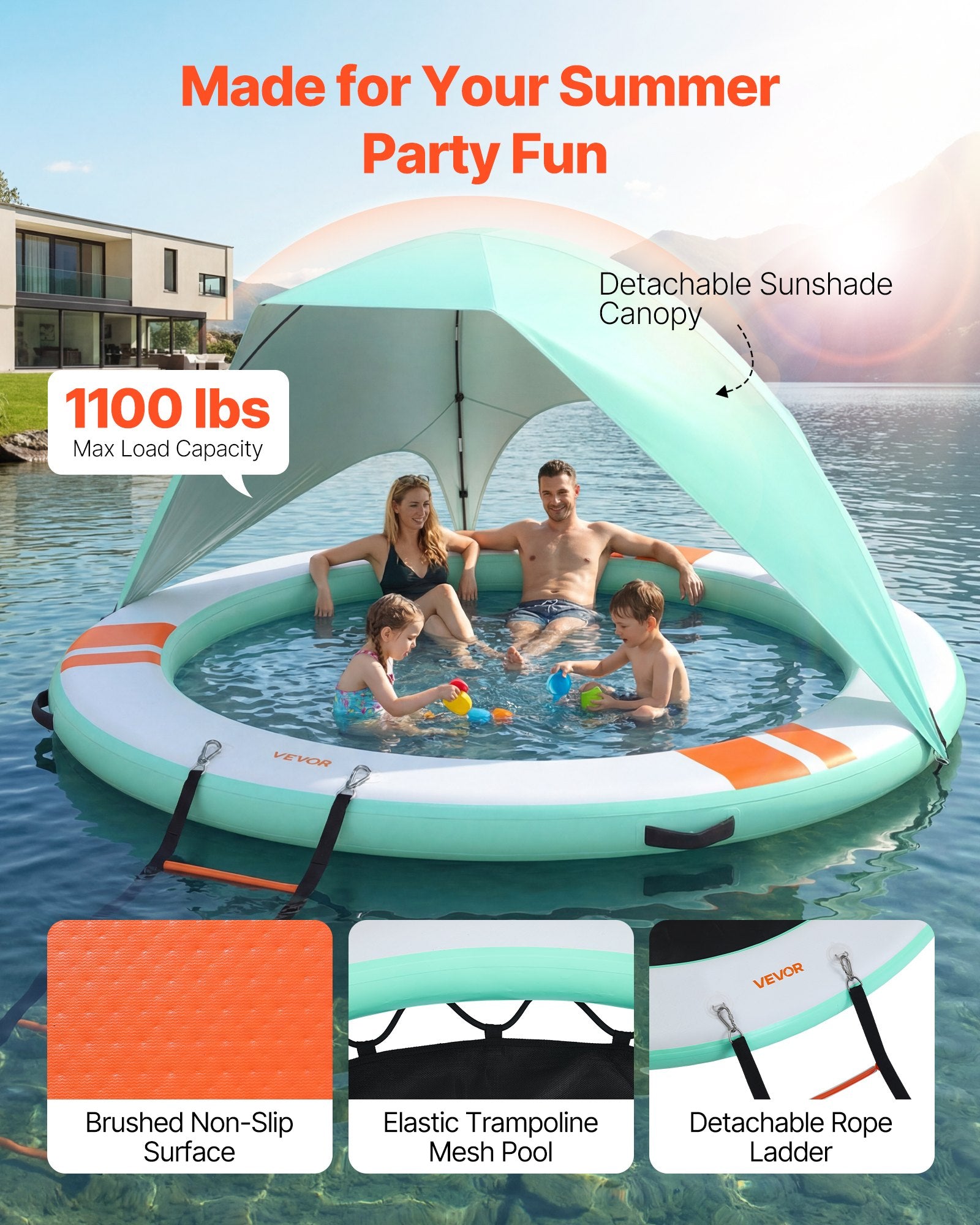 VEVOR Inflatable Floating Dock, 3.05 M Round Inflatable Dock Platform, Non-Slip Water Floating Dock Mat with Portable Carrying Bag & Detachable Ladder, Float Platform Island Raft for Pool Beach Ocean