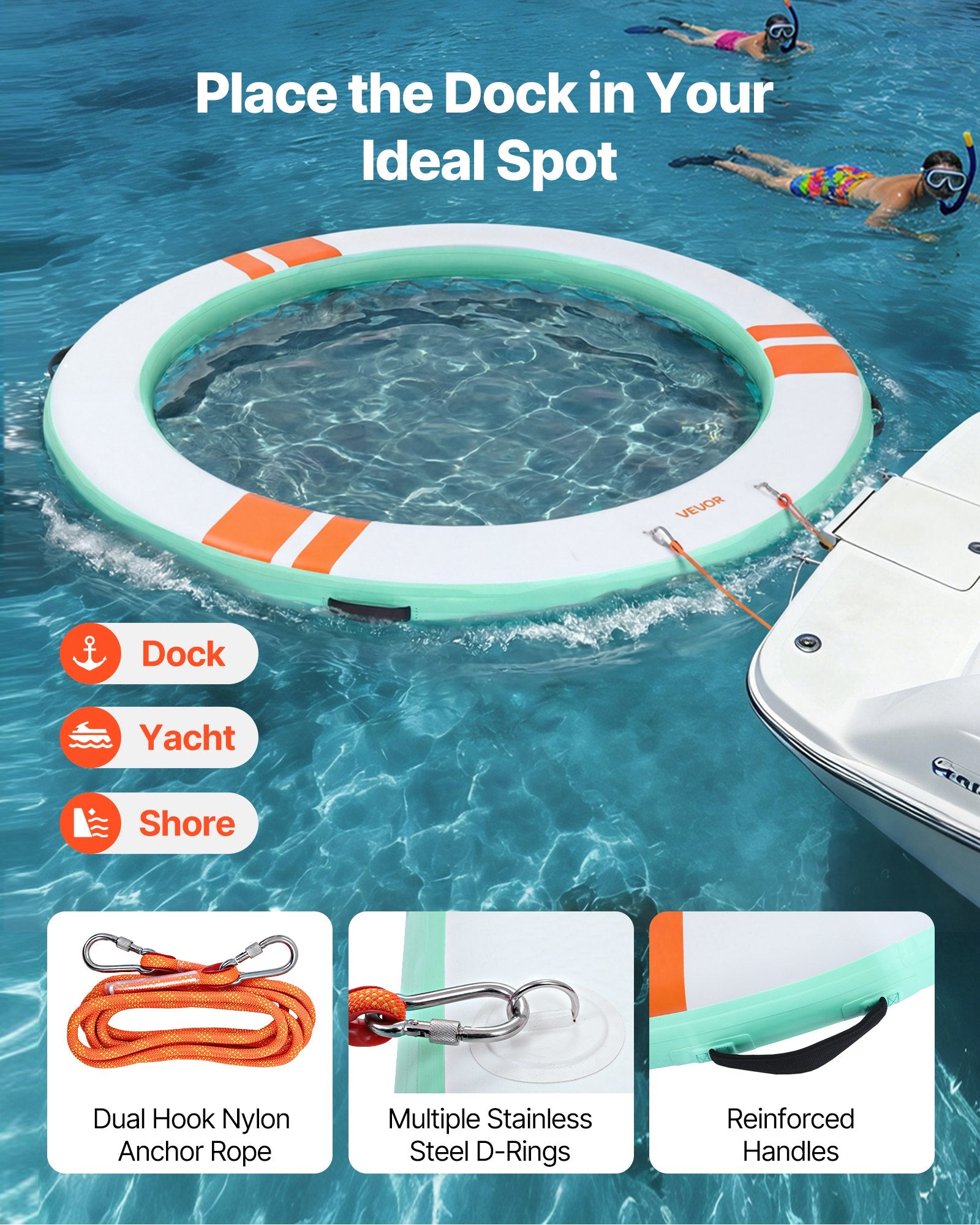 VEVOR Inflatable Floating Dock, 3.05 M Round Inflatable Dock Platform, Non-Slip Water Floating Dock Mat with Portable Carrying Bag & Detachable Ladder, Float Platform Island Raft for Pool Beach Ocean