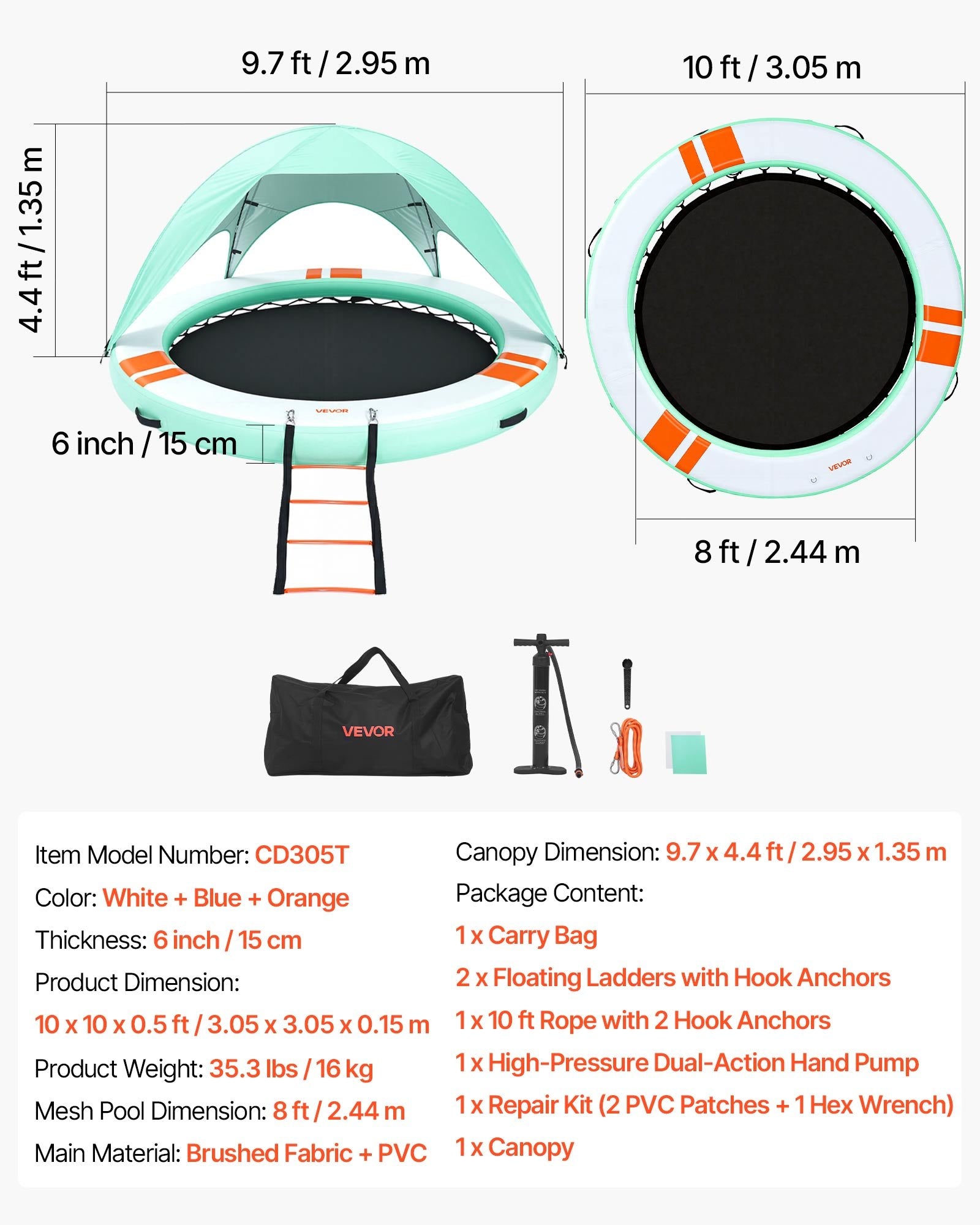 VEVOR Inflatable Floating Dock, 3.05 M Round Inflatable Dock Platform, Non-Slip Water Floating Dock Mat with Portable Carrying Bag & Detachable Ladder, Float Platform Island Raft for Pool Beach Ocean