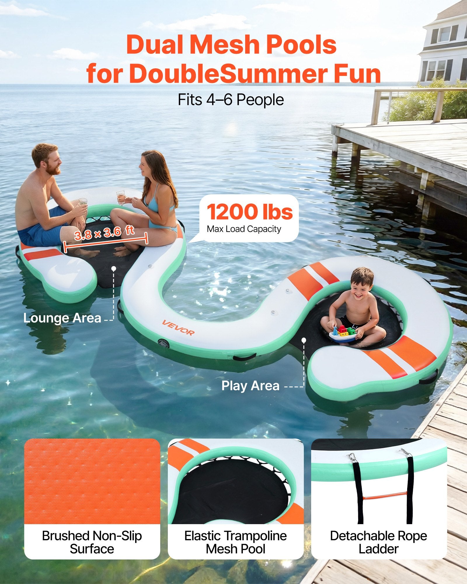 VEVOR Inflatable Floating Dock, 4.57 x 1.83 M Inflatable Dock Platform, Non-Slip Water Air Mat with Portable Carrying Bag & Detachable Ladder, Floating Water Platform Island Raft for Pool Beach Ocean