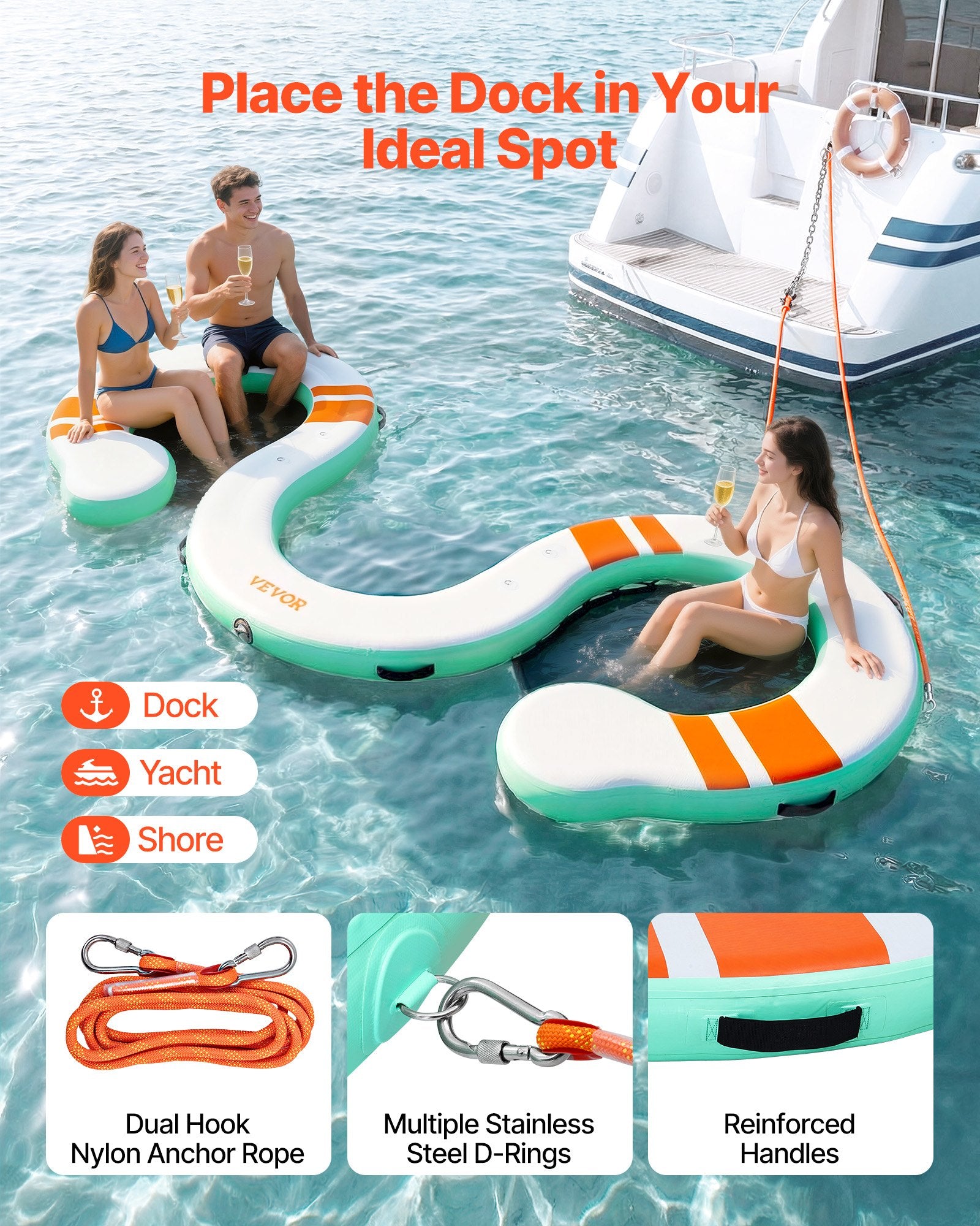 VEVOR Inflatable Floating Dock, 4.57 x 1.83 M Inflatable Dock Platform, Non-Slip Water Air Mat with Portable Carrying Bag & Detachable Ladder, Floating Water Platform Island Raft for Pool Beach Ocean