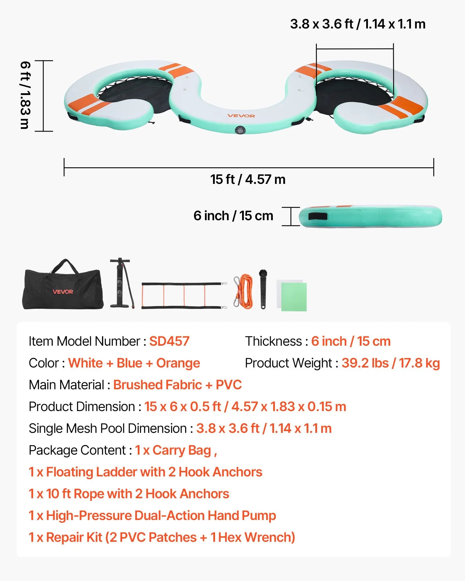 VEVOR Inflatable Floating Dock, 4.57 x 1.83 M Inflatable Dock Platform, Non-Slip Water Air Mat with Portable Carrying Bag & Detachable Ladder, Floating Water Platform Island Raft for Pool Beach Ocean