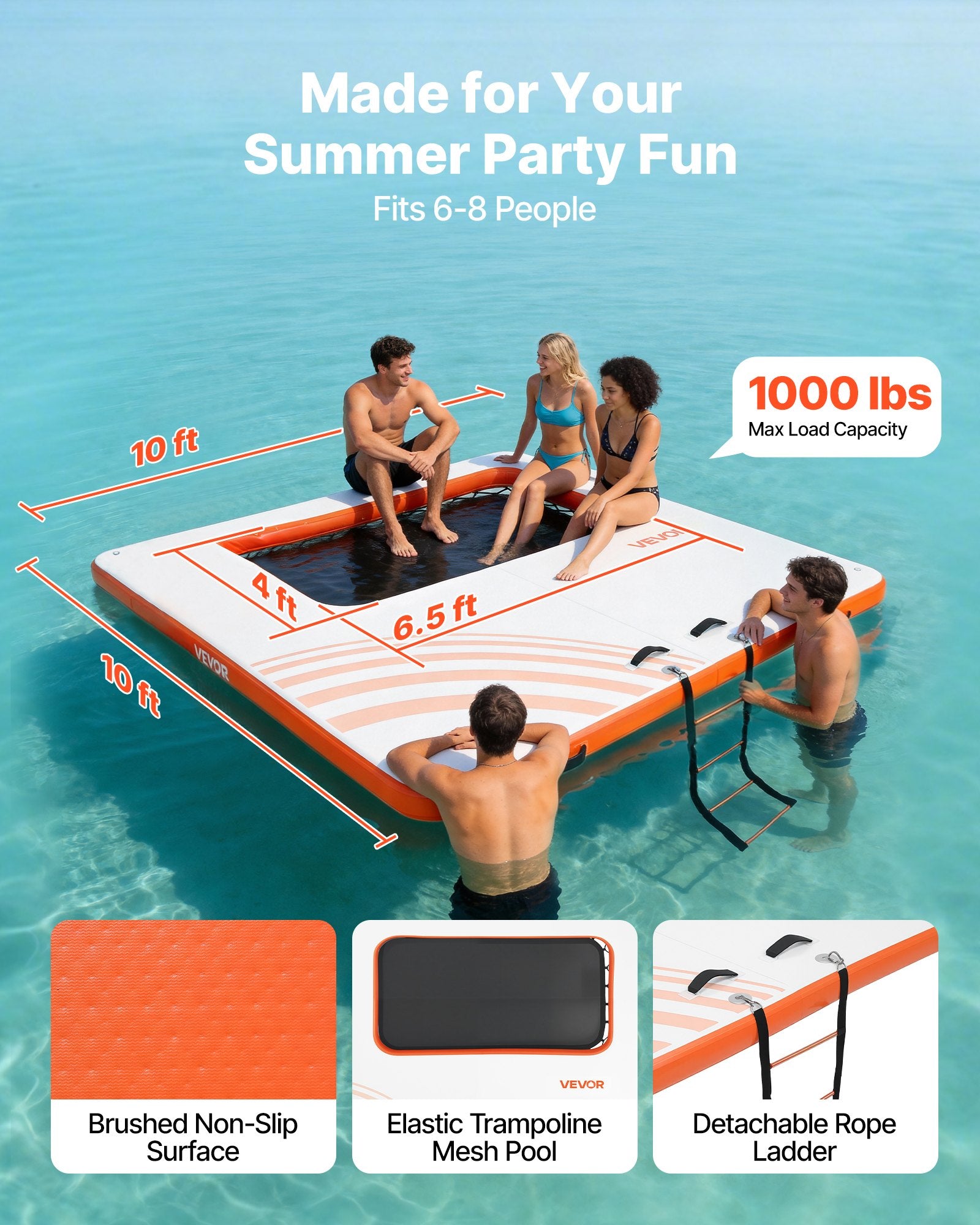 VEVOR Inflatable Floating Dock, 3.05x3.05 M Inflatable Dock Platform, Non-Slip Water Air Mat with Portable Carrying Bag and Detachable Ladder, Floating Water Platform Island Raft for Pool Beach Ocean