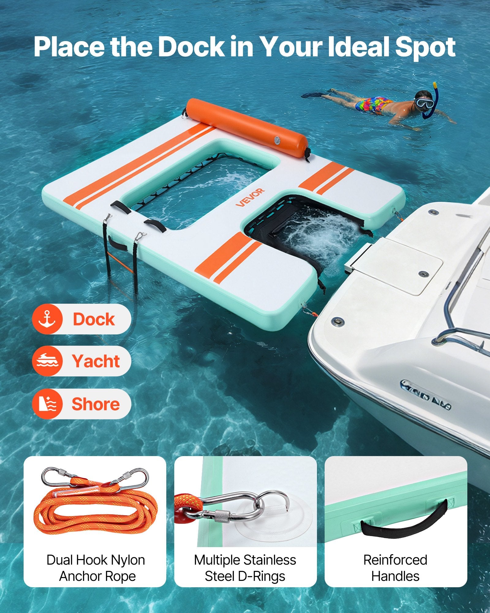 VEVOR Inflatable Floating Dock, 2.44 x 1.83 M Inflatable Dock Platform, Non-Slip Water Air Mat with Portable Carrying Bag & Detachable Ladder, Floating Water Platform Island Raft for Pool Beach Ocean