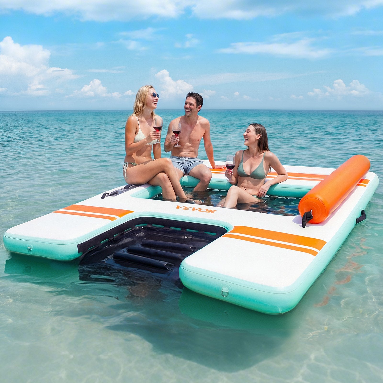 VEVOR Inflatable Floating Dock, 2.44 x 1.83 M Inflatable Dock Platform, Non-Slip Water Air Mat with Portable Carrying Bag & Detachable Ladder, Floating Water Platform Island Raft for Pool Beach Ocean