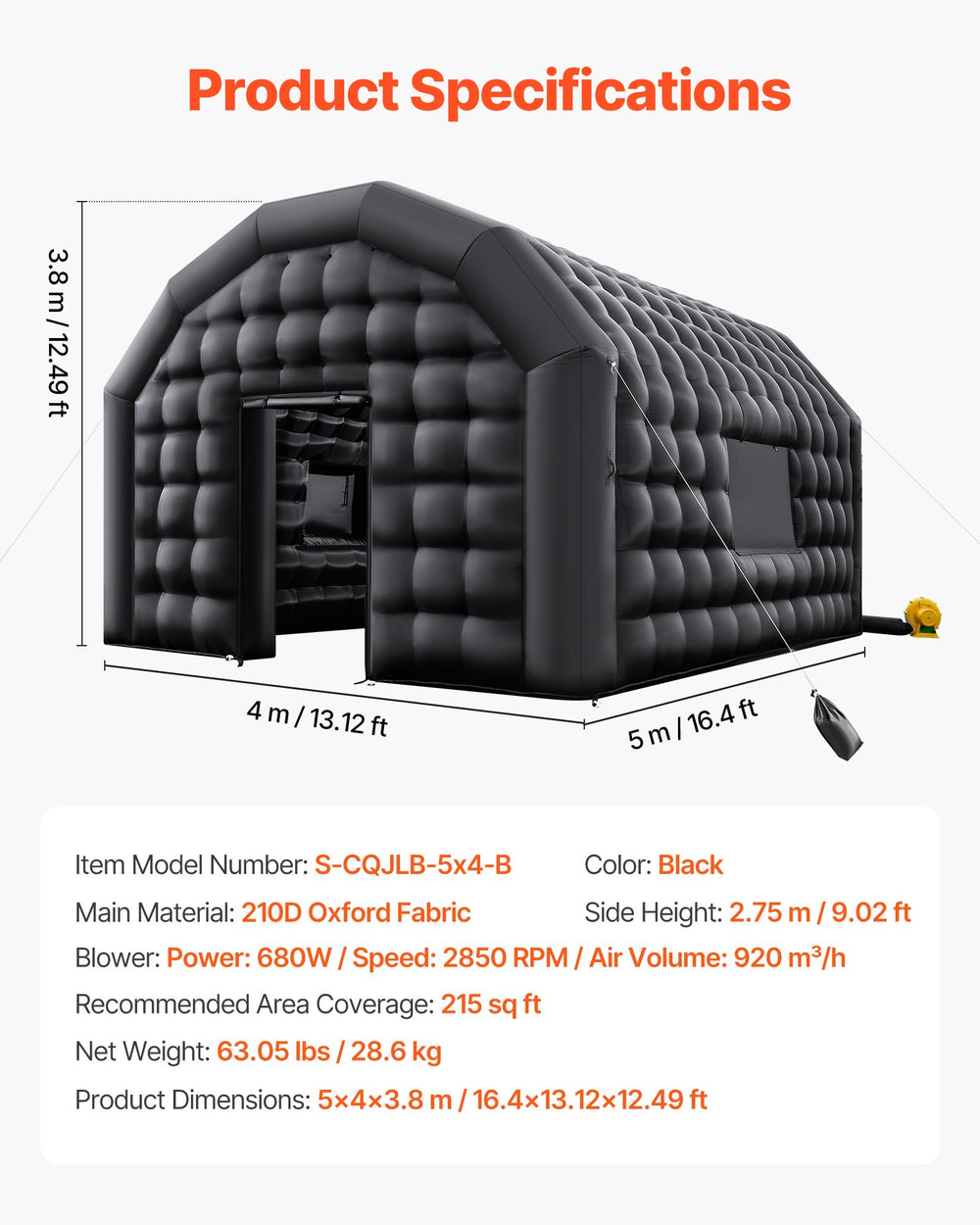 VEVOR Inflatable Nightclub, 5 x 4 x 3.8 m Inflatable Party Tent with 680W Blower & Sandbag, Ventilated Blow up Night Club with 2 Windows, Air Cube House for Event Birthday Wedding Party