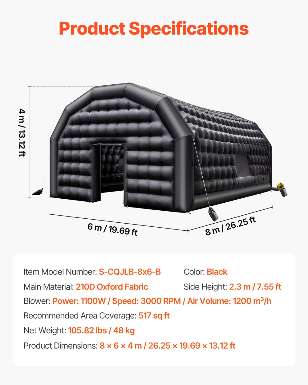 VEVOR Inflatable Nightclub, 8 x 6 x 4 m Inflatable Party Tent with 1100W Blower & Sandbag, Ventilated Blow up Night Club with 2 Windows, Air Cube House for Event Birthday Wedding Party