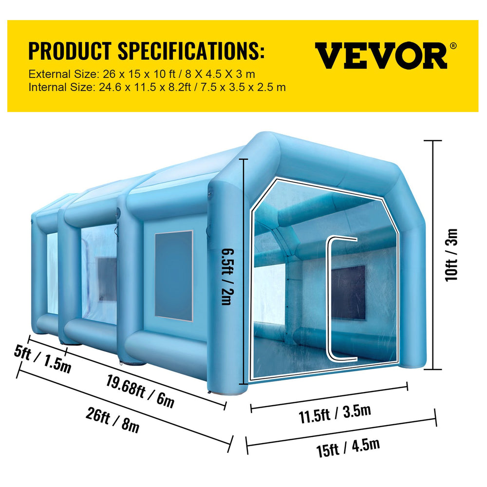 VEVOR Inflatable Tent, 26x15x10Ft Inflatable Spray Booth Tent, Inflatable Paint Booth Tent Car Paint Booth Giant Workstation 210D Oxford Fabric with 2 Blowers