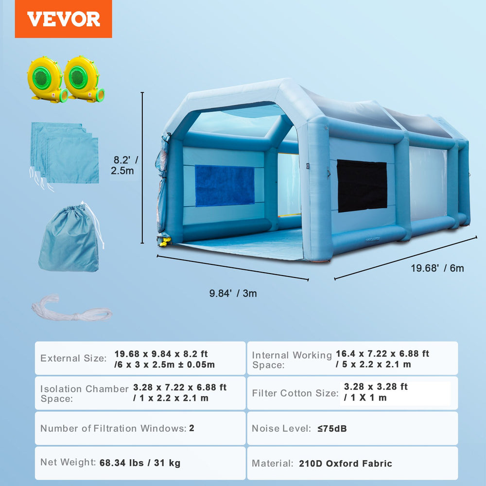 VEVOR Inflatable Spray Booth Car Paint Tent 610 cm x 305 cm x 244 cm Filter System 2 Blowers