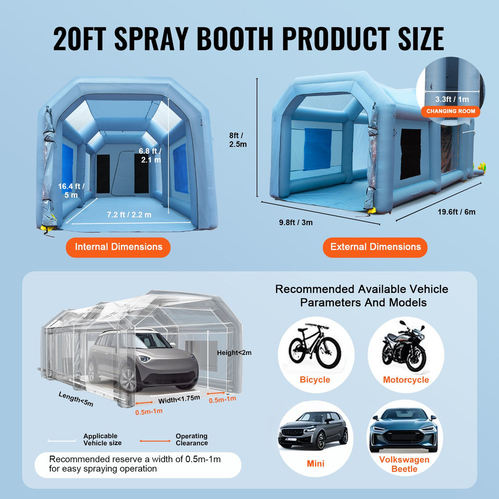 VEVOR Inflatable Spray Booth Car Paint Tent 610 cm x 305 cm x 244 cm Filter System 2 Blowers