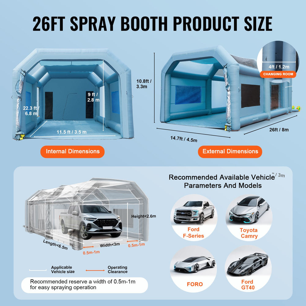 VEVOR Inflatable Spray Booth Car Paint Tent 792 cm x 457 cm x 335 cm Filter System 2 Blowers