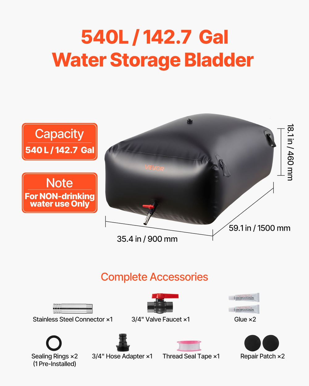 VEVOR Water Storage Bladder 540L Large Capacity Water Bag, Portable & Collapsible Soft Waters Container, Leakproof & Tear-Resistant PVC Emergency Waters Storage Tank for RV Truck & Outdoor Use