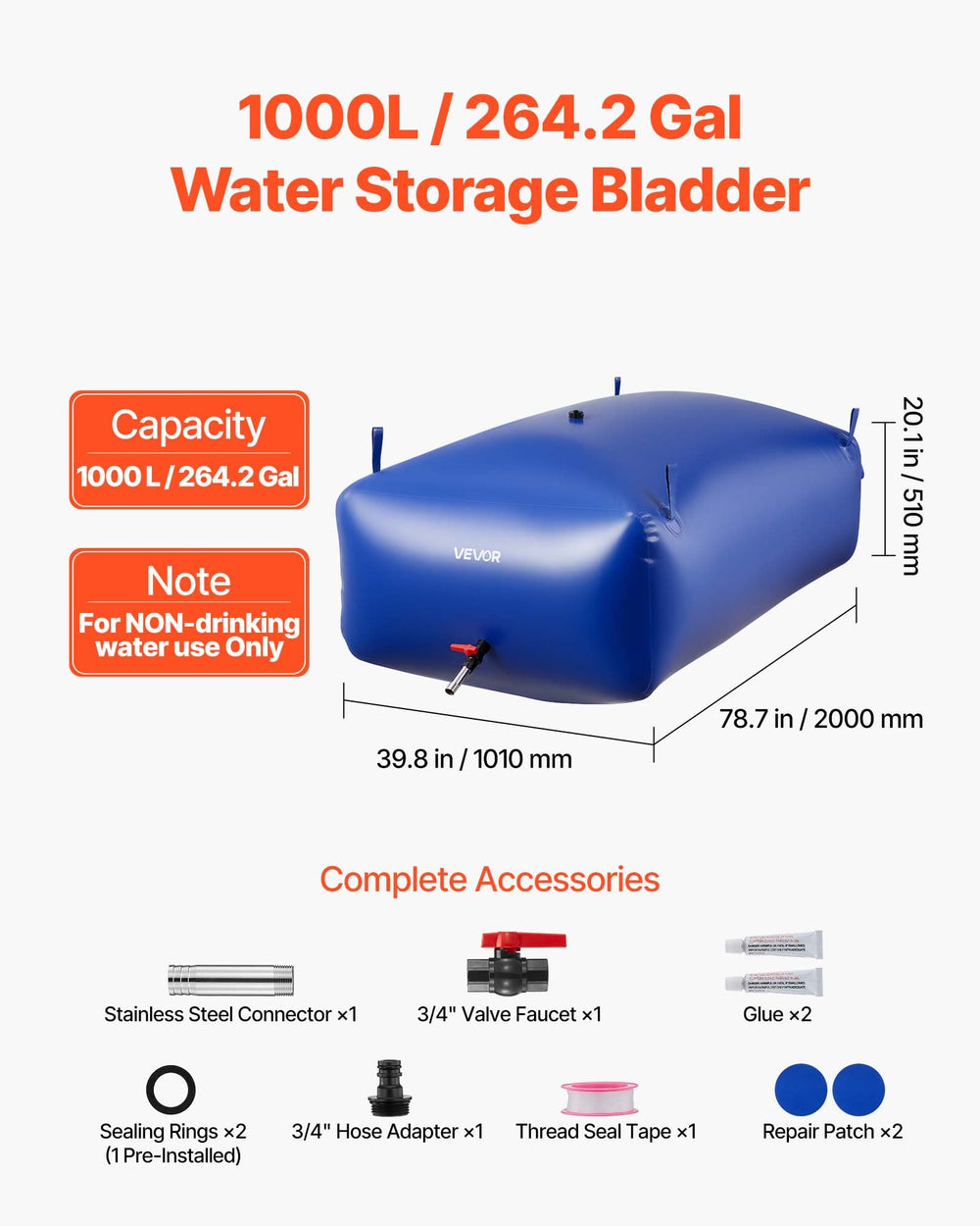 VEVOR Water Storage Bladder 1000L Large Capacity Water Bag, Portable & Collapsible Soft Waters Container, Leakproof & Tear-Resistant PVC Emergency Waters Storage Tank for RV Truck & Outdoor Use