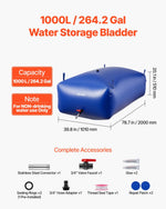 VEVOR Water Storage Bladder 1000L Large Capacity Water Bag, Portable & Collapsible Soft Waters Container, Leakproof & Tear-Resistant PVC Emergency Waters Storage Tank for RV Truck & Outdoor Use