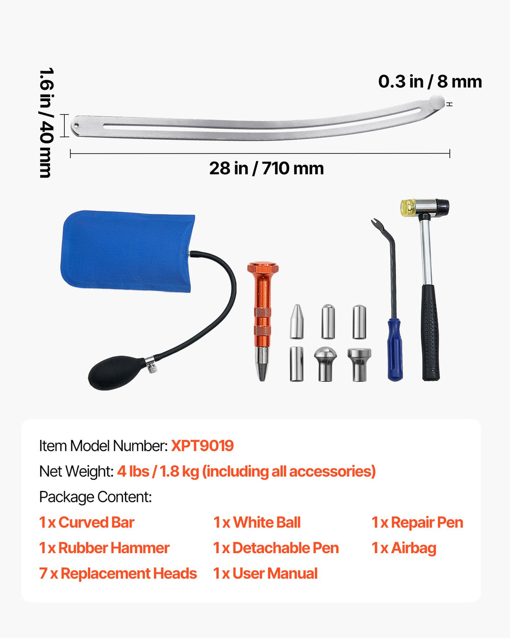 VEVOR Dent Puller Kit, Paintless Car Dent Removal Tool, Auto Fender Damage Repair Puller Lifter with Curved Rod, Crowbar, Rubber Hammer, Airbag, Detachable & Repair Pens, Replacement Heads Tools Kit