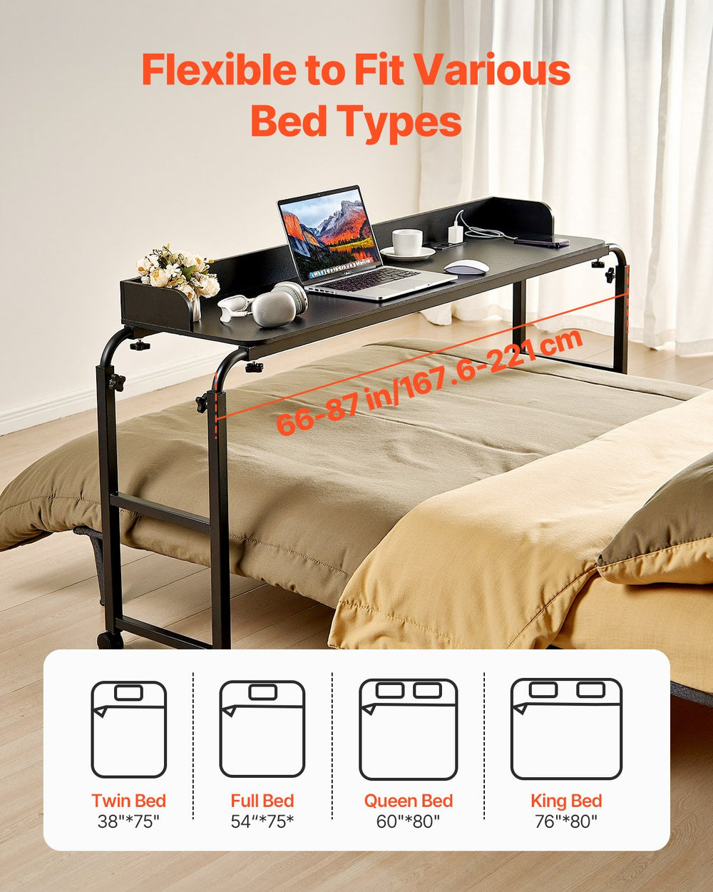 VEVOR Overbed Table, Mobile Bed Side Table with 4 Wheels (2 with Brakes) and Power Socket, Height Adjustable Rolling Laptop Desk, Portable Particleboard Over Bed Desk for Home, Office, Study, Black