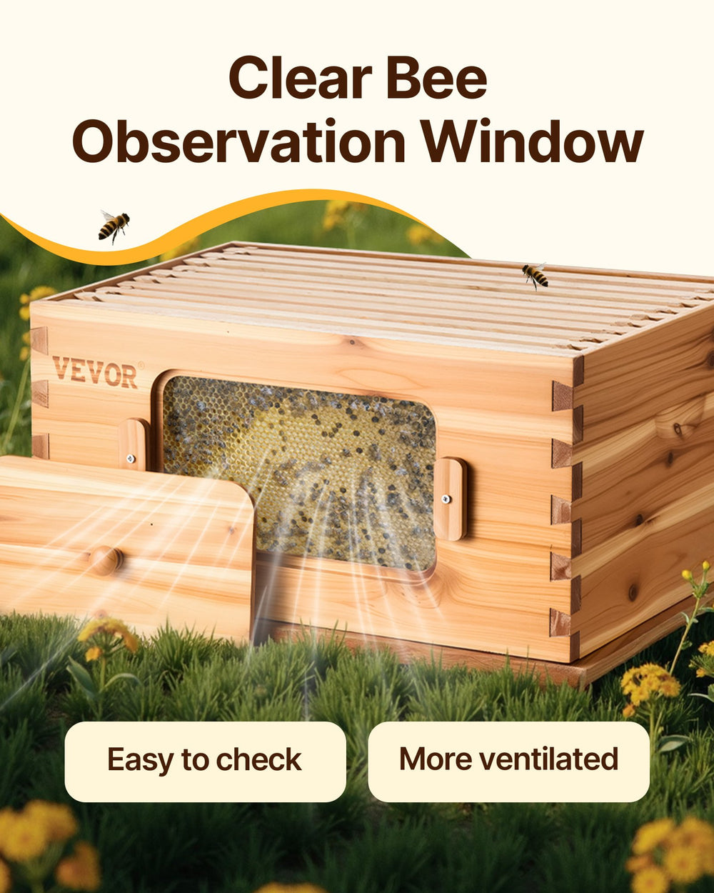 VEVOR Bee Hive Deep Box Starter Kit, 100% Beeswax Coated Natural Fir Wood, Langstroth Beehive Kit with 10 Frames and Foundations, Transparent Acrylic Bee Windows for Beginners and Pro Beekeepers
