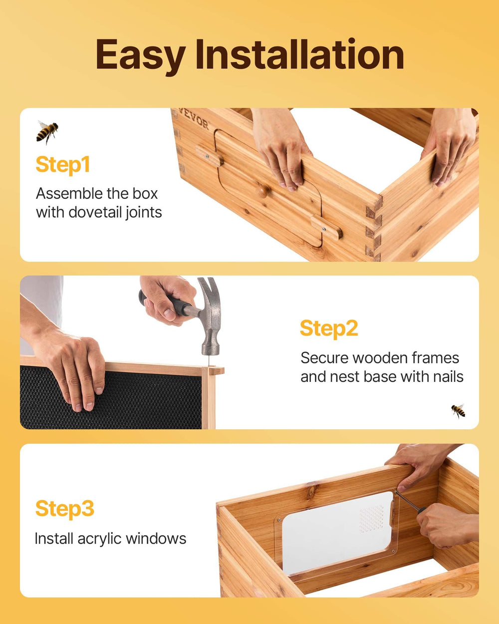 VEVOR Bee Hive 20 Frame Bee Hives Starter Kit, Beeswax Coated Fir Wood, 1 Deep + 1 Medium Bee Boxes Langstroth Beehive Kit, Transparent Acrylic Windows with Foundations for Beginners Pro Beekeepers