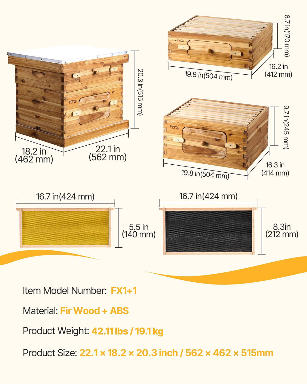 VEVOR Bee Hive 20 Frame Bee Hives Starter Kit, Beeswax Coated Fir Wood, 1 Deep + 1 Medium Bee Boxes Langstroth Beehive Kit, Transparent Acrylic Windows with Foundations for Beginners Pro Beekeepers