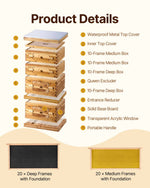 VEVOR Bee Hive 40 Frame Bee Hives Starter Kit, Beeswax Coated Fir Wood, 2 Deep + 2 Medium Bee Boxes Langstroth Beehive Kit, Transparent Acrylic Windows with Foundations for Beginners Pro Beekeepers