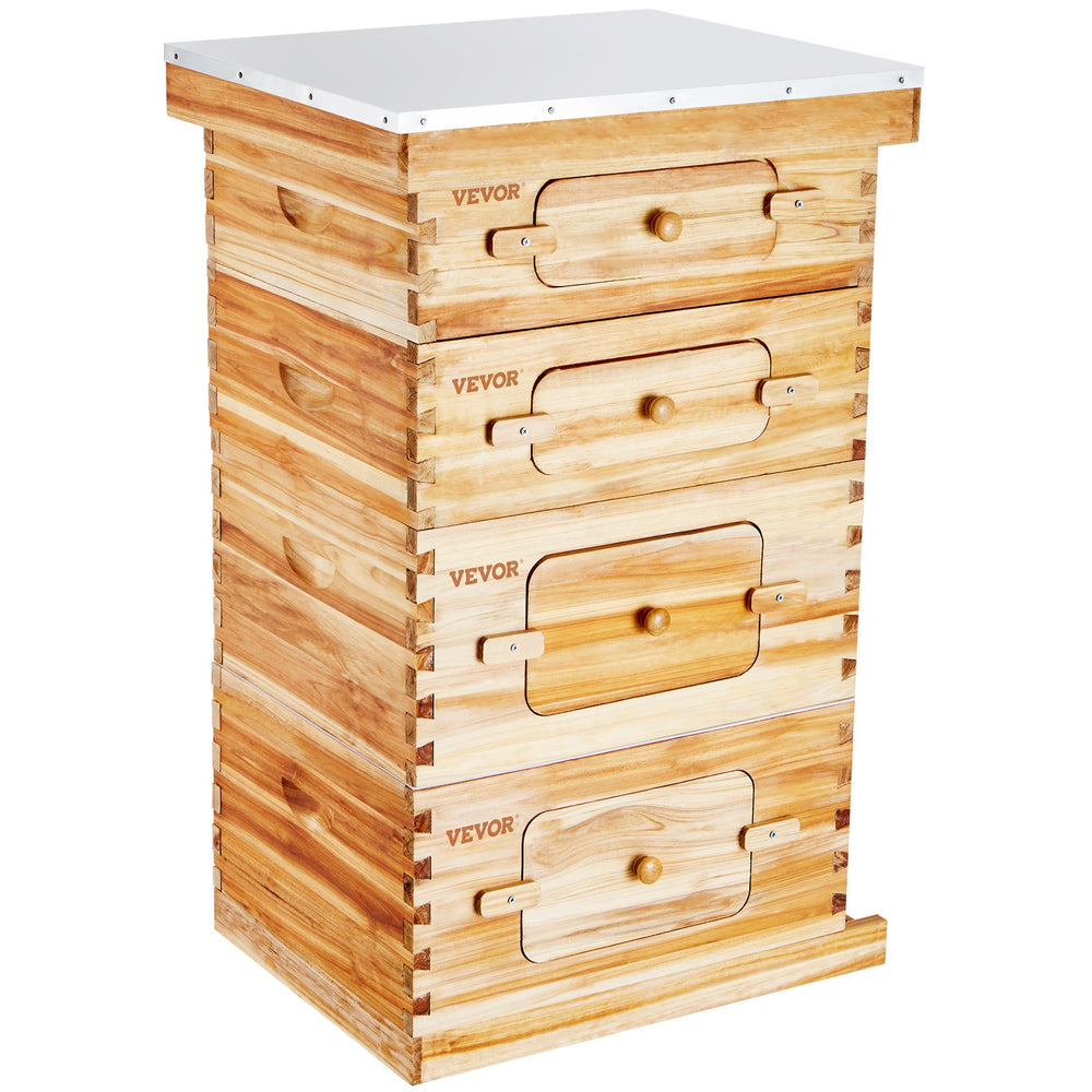 VEVOR Bee Hive 40 Frame Bee Hives Starter Kit, Beeswax Coated Fir Wood, 2 Deep + 2 Medium Bee Boxes Langstroth Beehive Kit, Transparent Acrylic Windows with Foundations for Beginners Pro Beekeepers