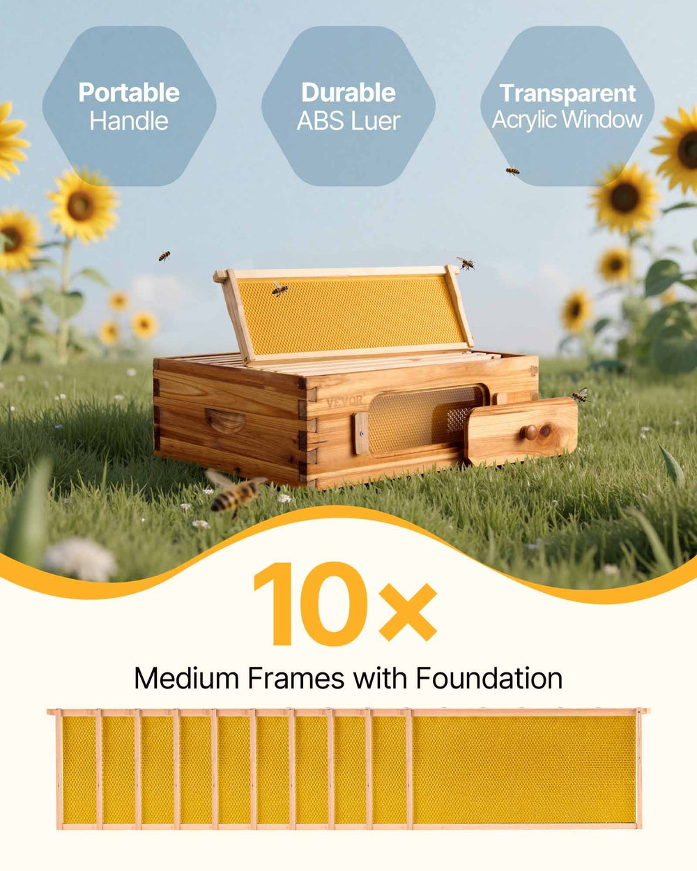 VEVOR Bee Hive Medium Box Starter Kit, 100% Beeswax Coated Natural Fir Wood, Langstroth Beehive Kit with 10 Frames and Foundations, Transparent Acrylic Bee Windows for Beginners and Pro Beekeepers