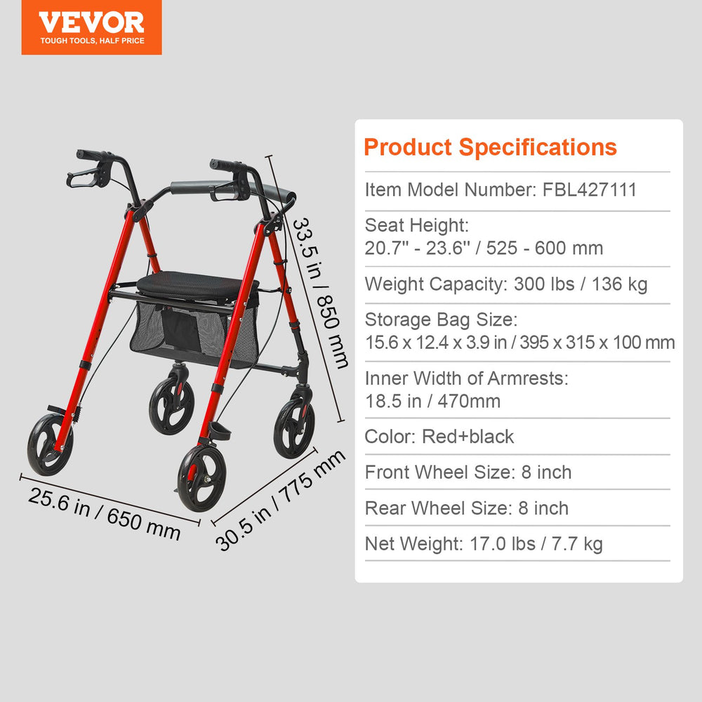 VEVOR Rollator Walker for Seniors and Adult, Lightweight Aluminum Foldable Rolling Walker with Adjustable Seat and Handle, Outdoor Mobility Rollator Walker with 8" All Terrain Wheels, 300LBS Capacity
