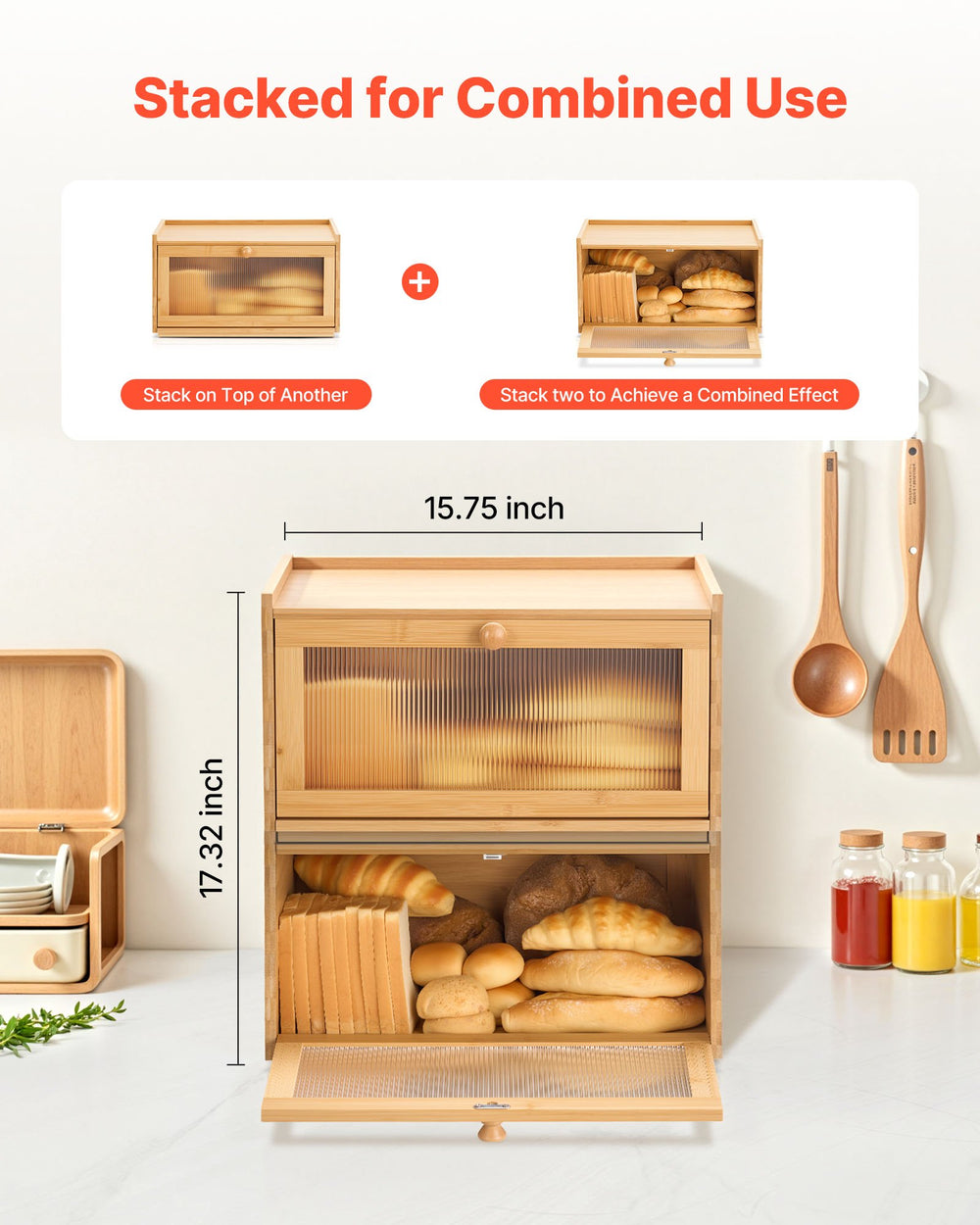 VEVOR Bread Box for Kitchen Counter, Large Capacity Bamboo Bread Storage Container, Farmhouse Wooden Breadbox Organizer for Homemade Bread, Storage Holder Bin with Acrylic Wavy Door Panel, Natural