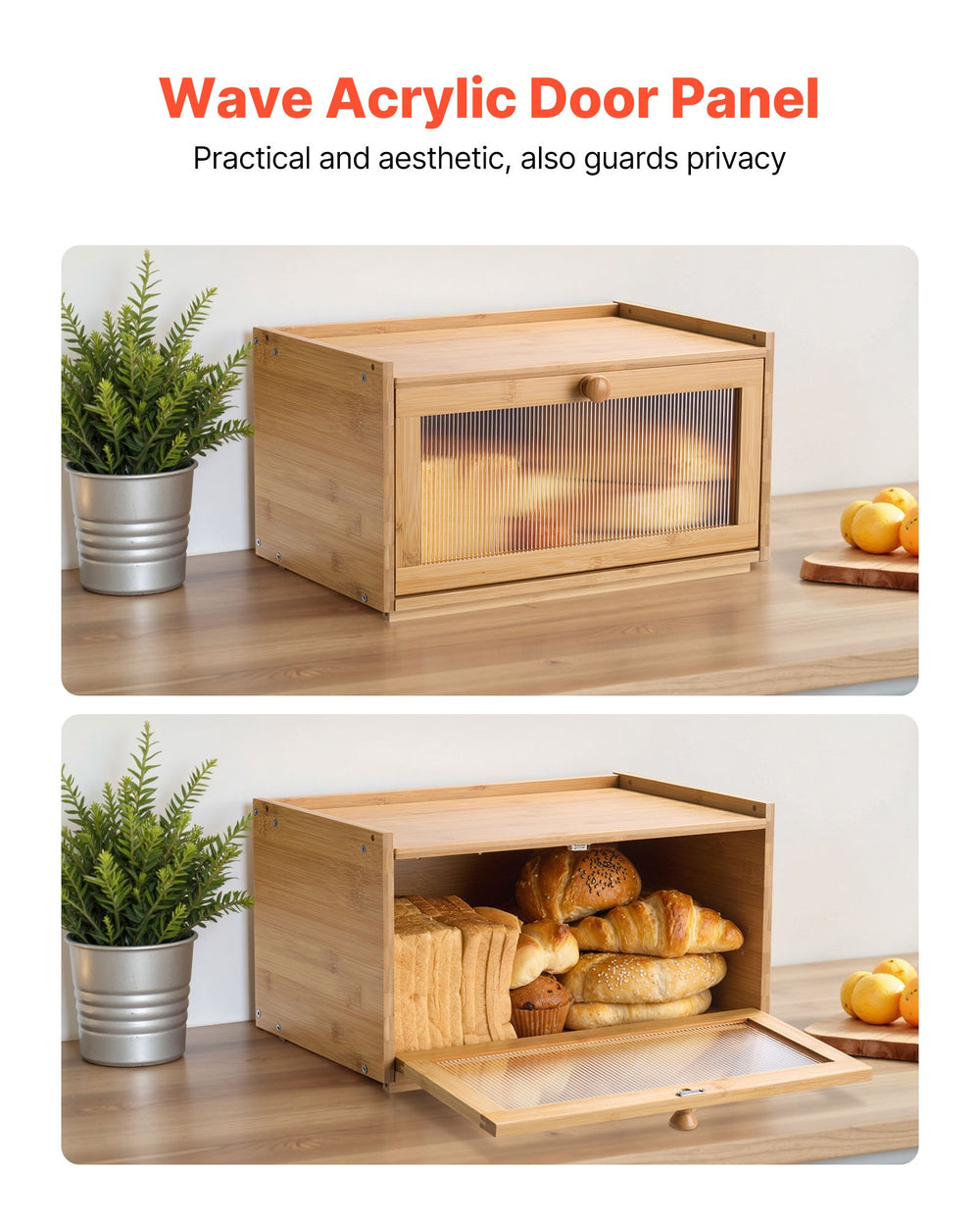 VEVOR Bread Box for Kitchen Counter, Large Capacity Bamboo Bread Storage Container, Farmhouse Wooden Breadbox Organizer for Homemade Bread, Storage Holder Bin with Acrylic Wavy Door Panel, Natural