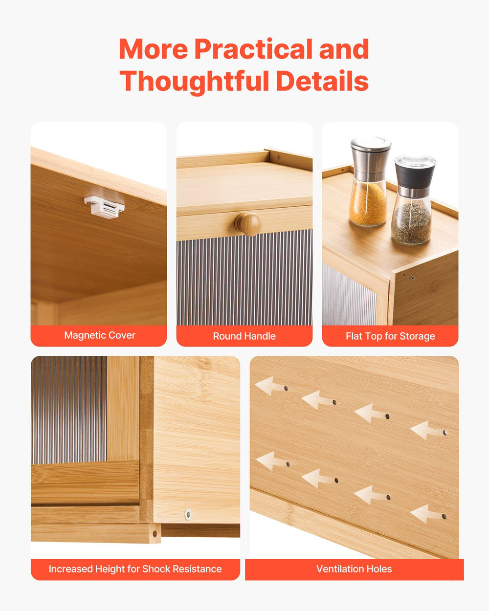 VEVOR Bread Box for Kitchen Counter, Large Capacity Bamboo Bread Storage Container, Farmhouse Wooden Breadbox Organizer for Homemade Bread, Storage Holder Bin with Acrylic Wavy Door Panel, Natural